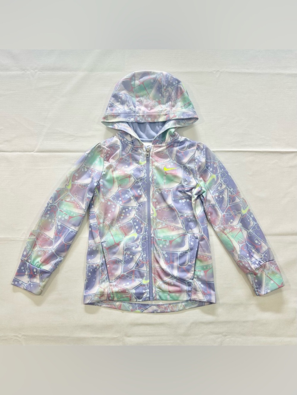Nike Girls 3-4T Jacket Purple Green Geometric Bubble Print Full Zip Hooded EUC